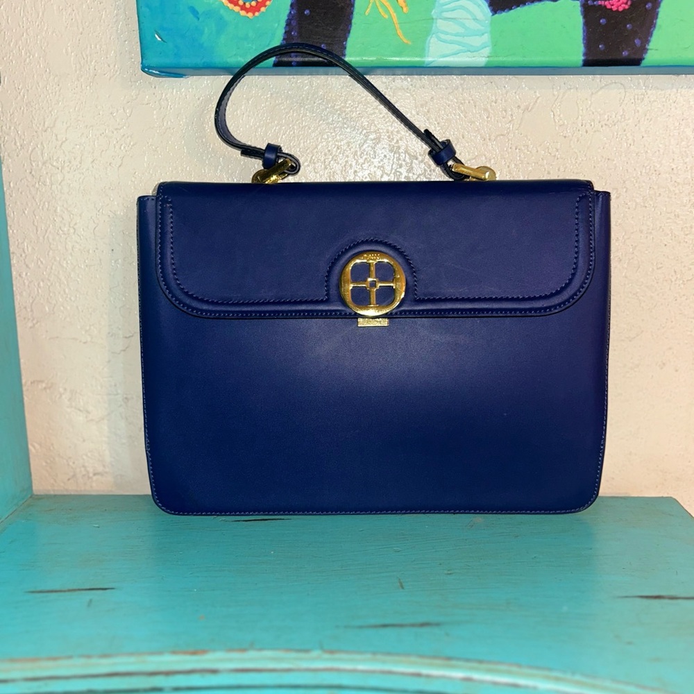 IMAN Blue Structured Shoulder Bag with Gold Clasp New 12x9 Leather